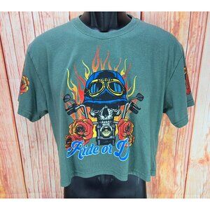 Ride Or Die Graphic Cropped T-Shirt Skull Roses & Flames Large Weekend Warrior